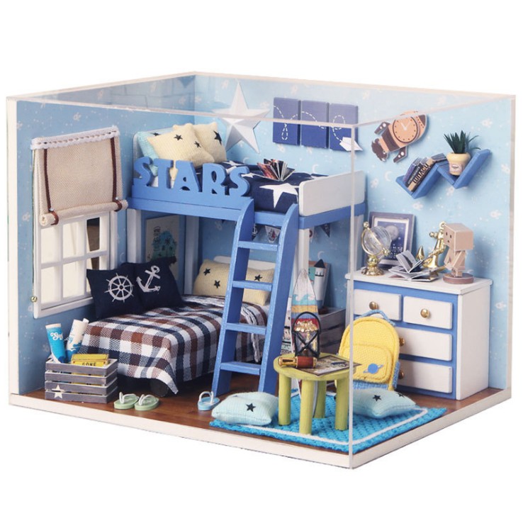 Mô hình nhà DIY Doll House Star Room Kèm Mica chống bụi, Bộ dụng cụ và Keo dán