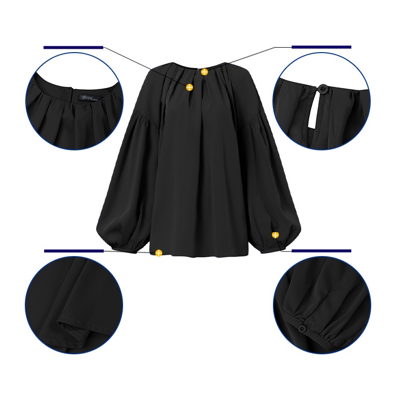 Áo sơ mi kiểu ZANZEA cổ tròn tay phồng dài dễ phối trang phục phong cách Hàn Quốc cho nữ