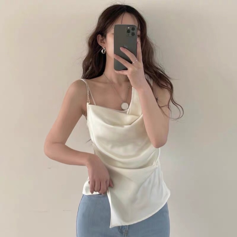 Áo 2 dây lụa cổ đổ vai lệch phối xích gợi cảm giành cho nữ