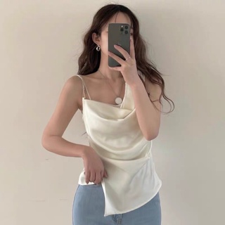 [Sẵn đen] Áo 2 dây lụa cổ đổ vai lệch phối xích gợi cảm giành cho nữ