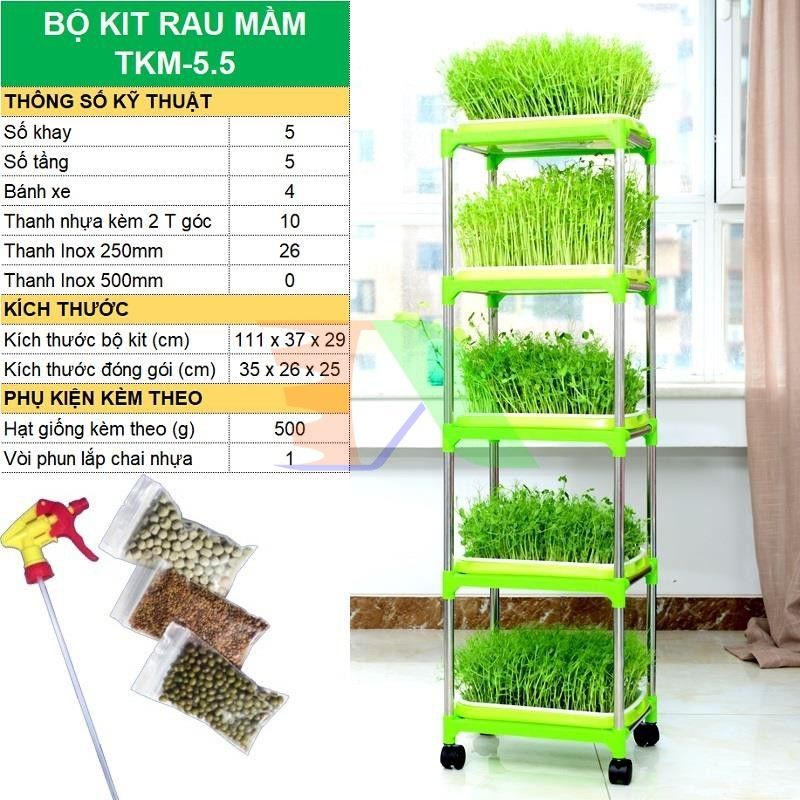 Bộ kít trồng rau mầm thủy canh TKM 5.5 gồm 5 khay, giá đỡ 5 tầng, vòi xịt, hạt giống