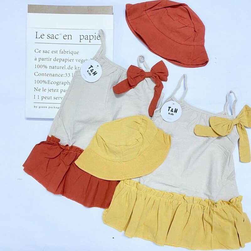 Váy 2 dây cho bé, Áo 2 dây chất đũi kèm mũ cho bé gái từ 6-20kg