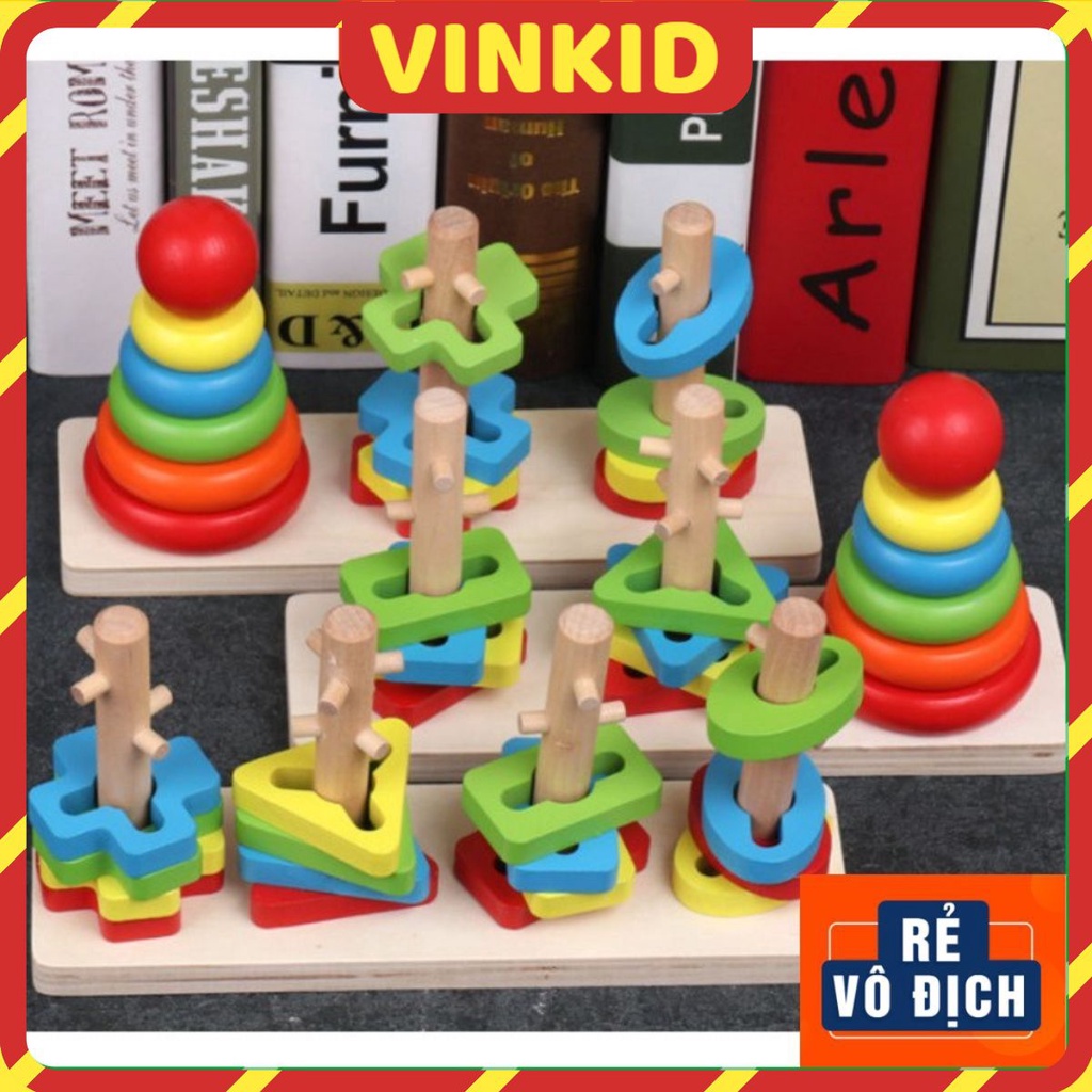 Đồ chơi trẻ em bằng gỗ Montessori tháp cầu vồng thả hình khối luồn cọc cho bé trí tuệ thông minh
