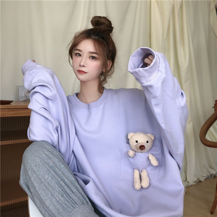 Áo len tay dài cổ tròn trang trí chú gấu dễ thương thời trang mùa thu 2020 phong cách Hàn Quốc dành cho bạn nữ