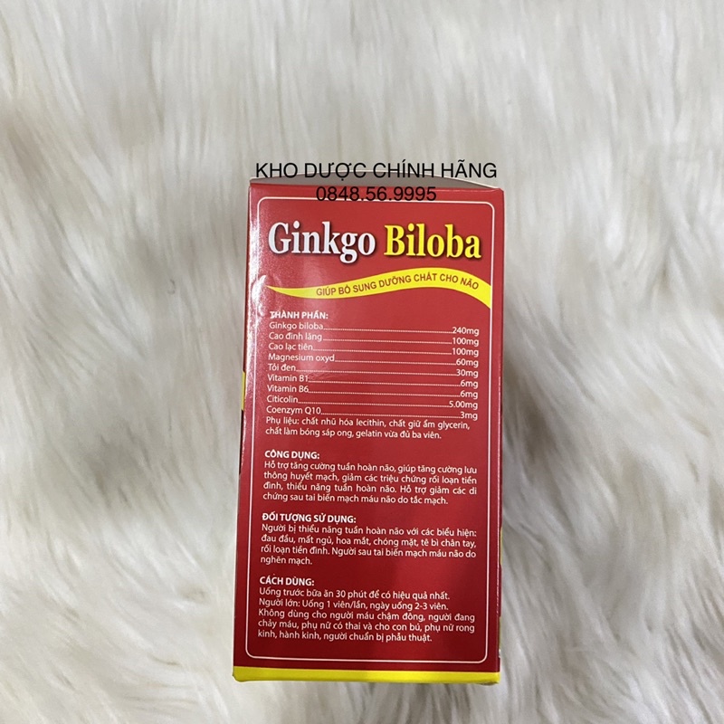 Bổ não Ginkgo biloba hộp 100viên - Tăng cường tuần hoàn máu não, lưu thông huyết mạch, giảm đau đầu, mất ngủ, hoa mắt