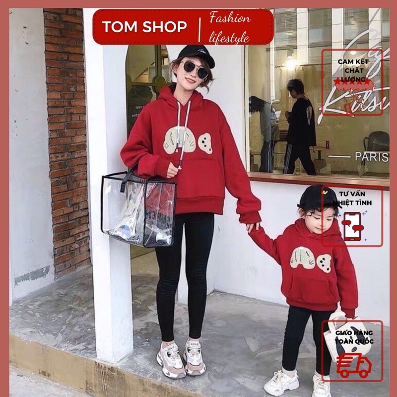Set mẹ và bé áo nỉ đôi cổ tròn hình gấu màu đỏ noel