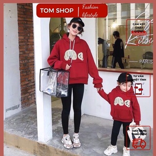 Set mẹ và bé áo nỉ đôi cổ tròn hình gấu màu đỏ noel