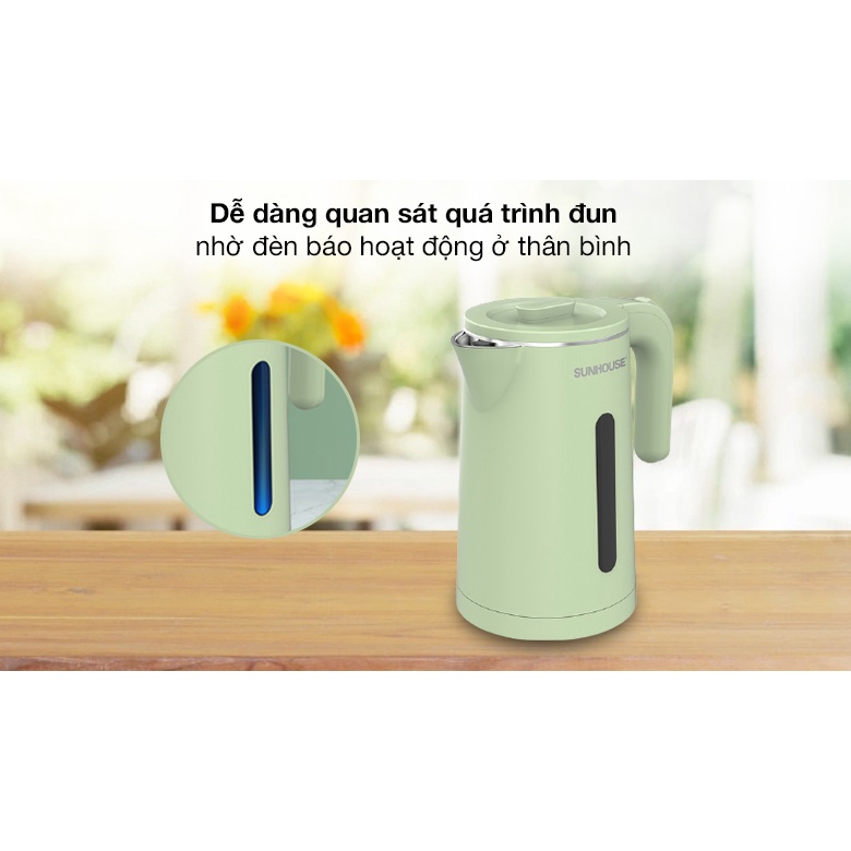 Ấm siêu tốc Sunhouse SHD1353 màu xanh thời trang, công suất lớn 1500W, dung tích 1.8L, 2 lớp chống nóng