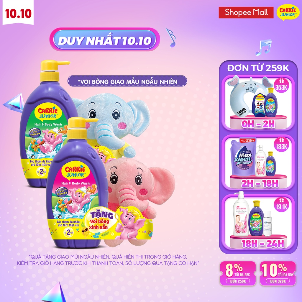 Combo 2 Sữa Tắm Gội cho bé Carrie Junior (700g/chai): 1 Hương Grapeberry + 1 Hương Cherry + 2 Voi Bông