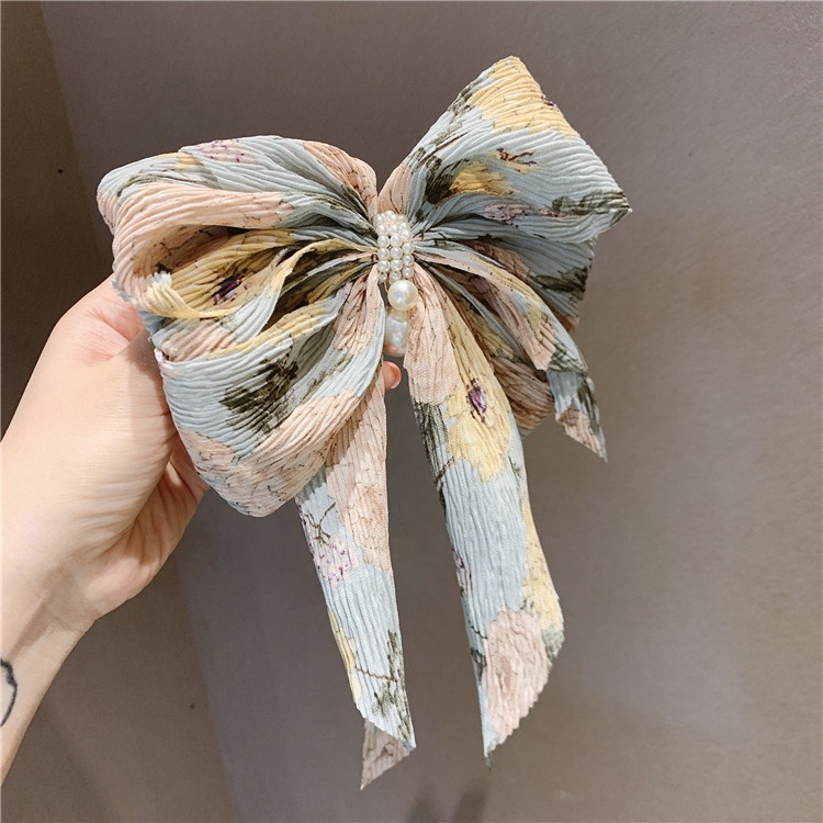 Kẹp tóc nơ vải xếp li hoa lá đính hạt châu cổ điển hàn quốc K148