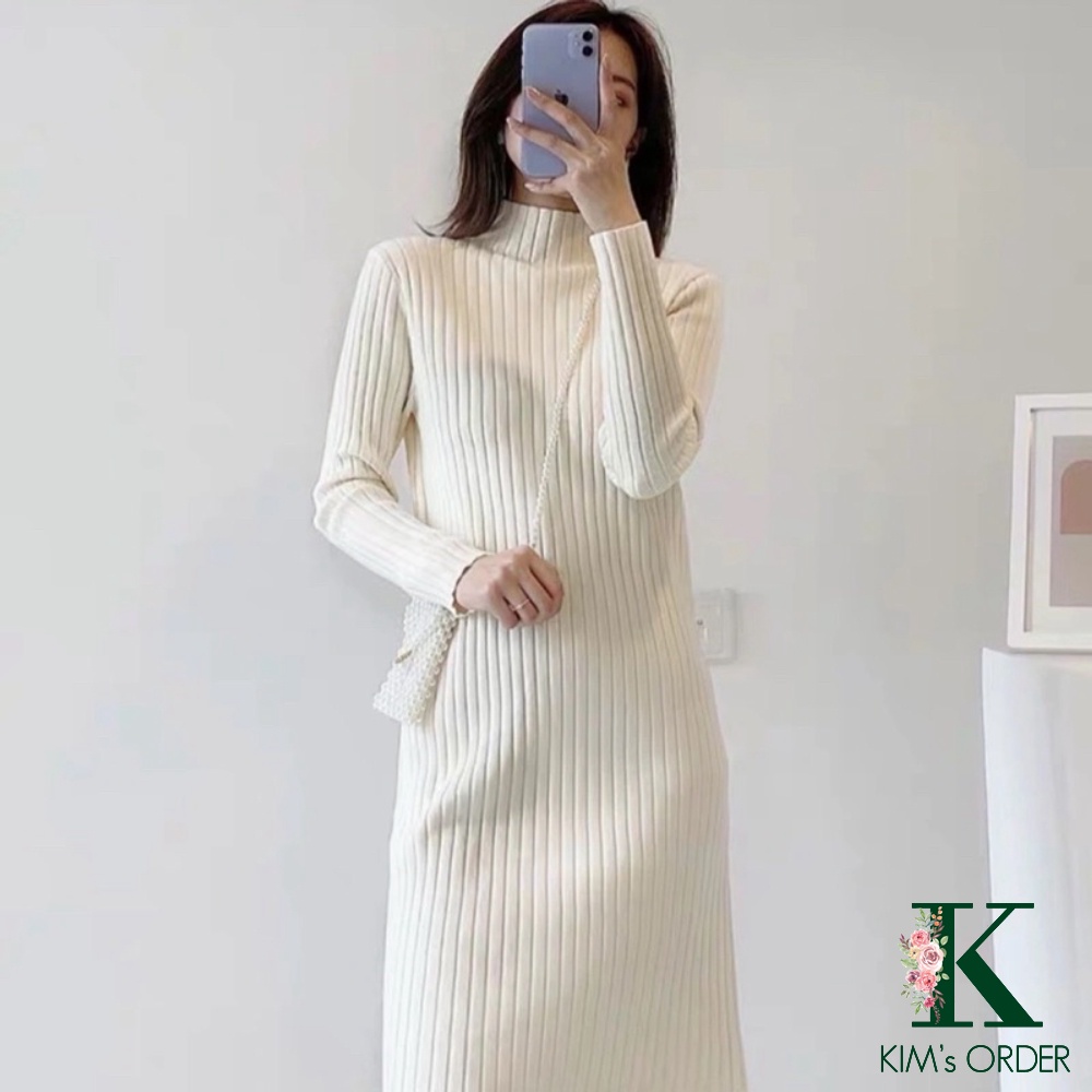 Đầm len suông nữ màu trắng be đen nâu váy len bầu phom rộng dài tay cổ tròn cao 3 phân cổ lọ xu hướng thời trang Hàn