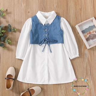 Set trang phục bé gái 2 món gồm đầm sơ mi tay dài ve áo màu trơn+áo gile denim dây cột đan chéo cho trẻ 1-6 tuổi