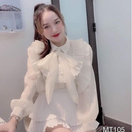 Áo sơ mi nữ tay dài kiểu tiểu thư bánh bèo cổ phối ren from rộng màu trắng áo sơ mi kiểu tay bo phồng công sở đi học