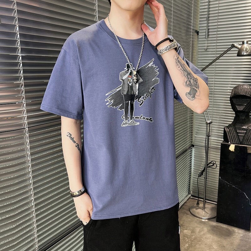 Áo Thun Cotton Tay Ngắn Cổ Tròn In Họa Tiết Trẻ Trung Phong Cách Hàn Quốc Cho Nam