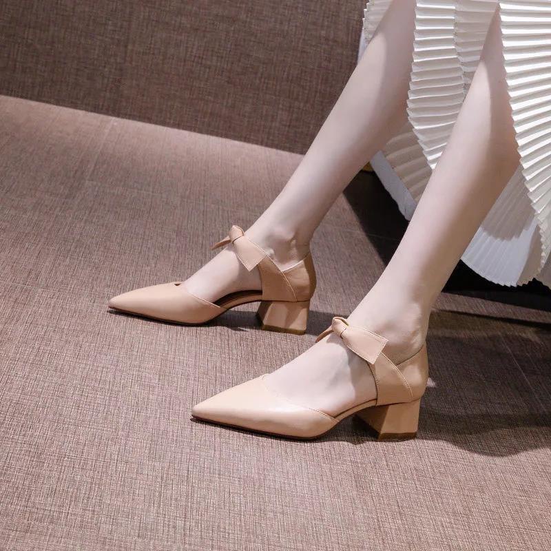 Size 35-43 Large Size Women's Shoes 41 Pointed Toe White High Heels Women's Thick Heel Summer New Style Baotou Bowknot S