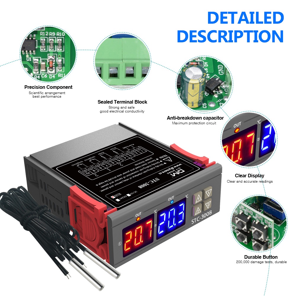 Thiết bị cảm biến nhiệt độ kỹ thuật số Pcbfun STC-3008 AC110-220V