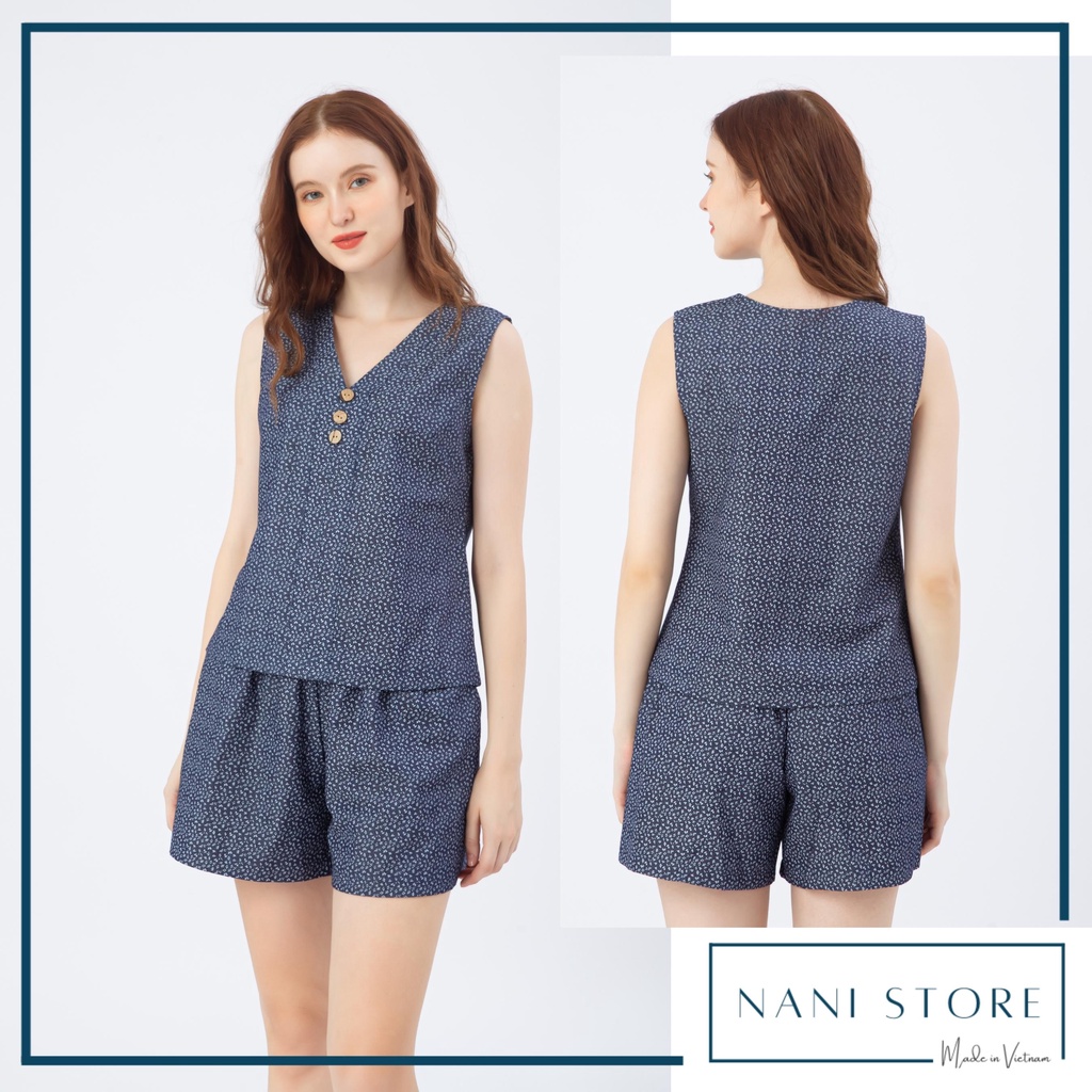 Đồ bộ đùi thiết kế 3 nút hoa nhí cotton giả jean_NaNi Store