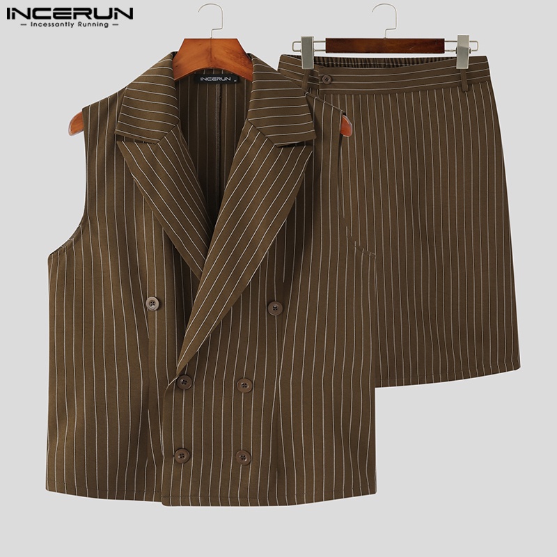 INCERUN Áo Ghi Lê Không Tay Kẻ Sọc + Quần Short Giả Váy Phong Cách Retro Cho Nam