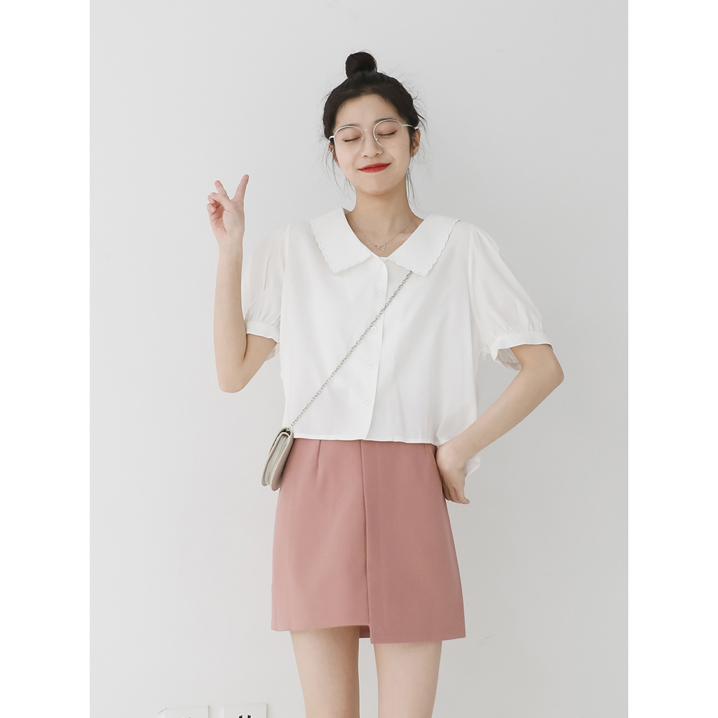 Women's Purple Polo Collar Puff Sleeve Blouse Loose French Fashion Summer Solid Short Sleeve Crop Tops | BigBuy360 - bigbuy360.vn