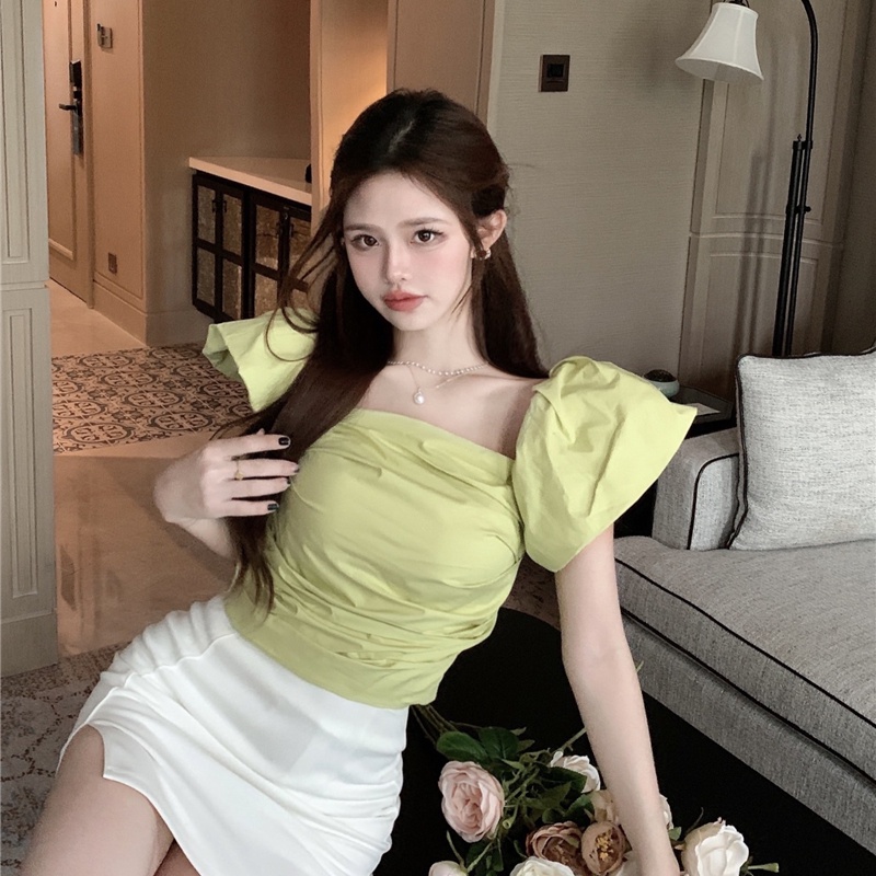 SUXI Áo Tay Phồng Ngắn Cổ Vuông Màu Sắc Đơn Giản Thời Trang Mùa Hè Cho Nữ