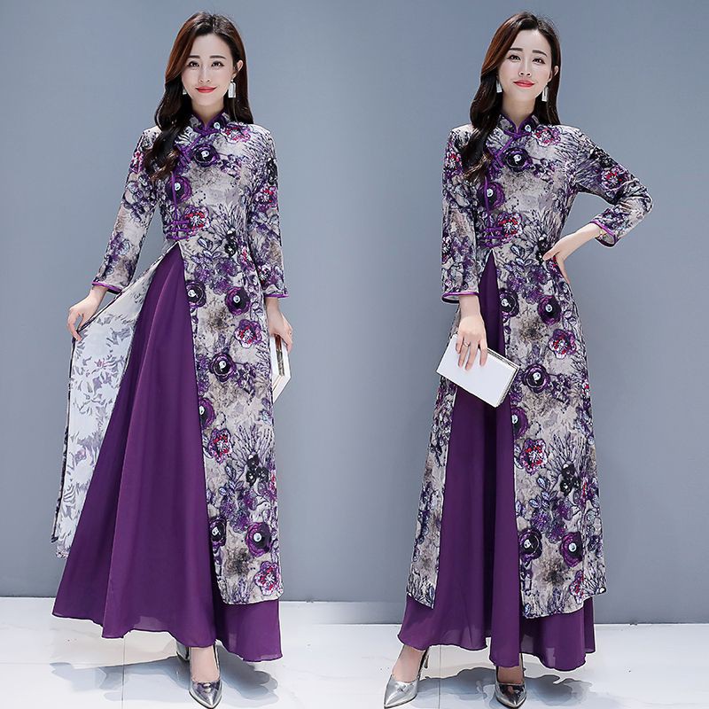 HÀNG NHẬP - ĐẦM NHUNG HOA TÍM PHỐI LỤA CỔ TÀU