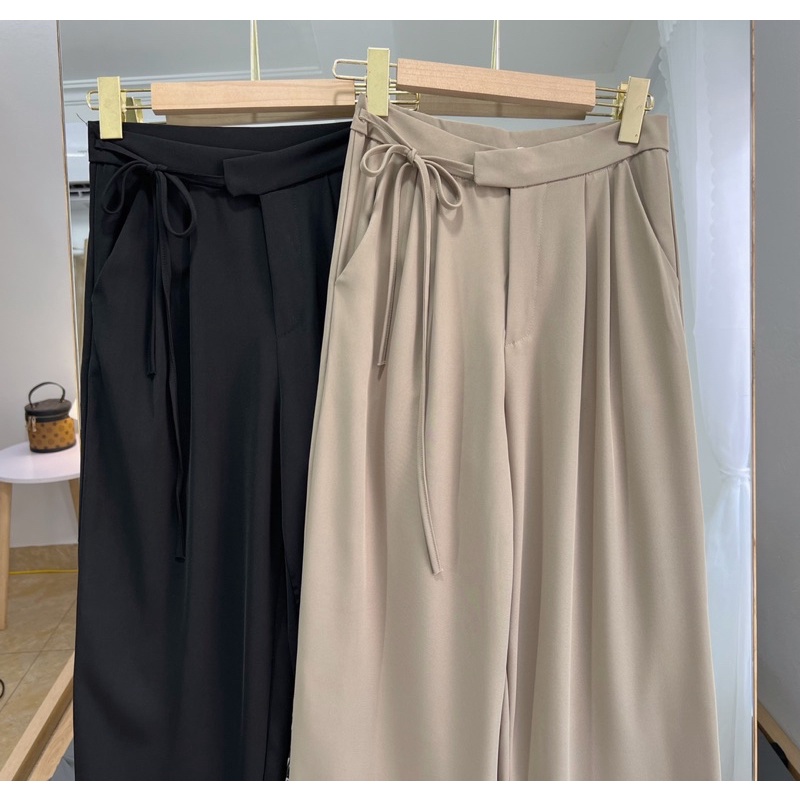 Quần ống suông dây buộc eo chất không nhăn KÈM ảnh cận chất