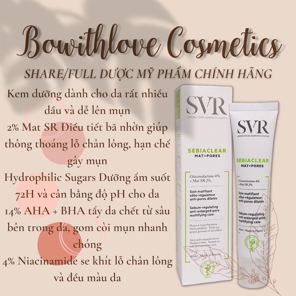 Kem Dưỡng SVR Sebiaclear Mat+Pores Kiềm Dầu Giảm Mụn Se Khít Lỗ Chân Lông 40ML