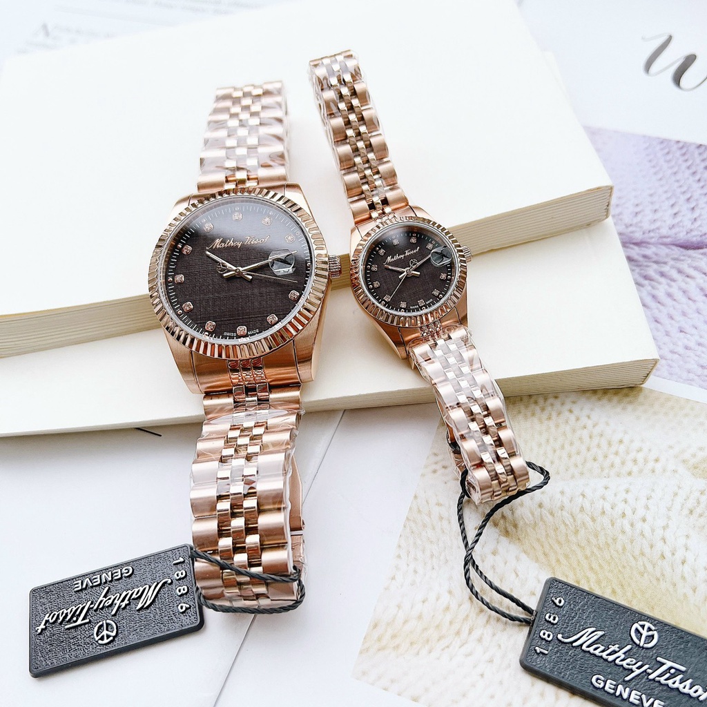 Đồng hồ đôi nam nữ Mathey Tissot Dial Brown Rose Gold