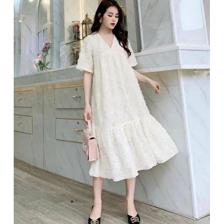Váy suông voan lông cổ tim sang chảnh - Ảnh thật