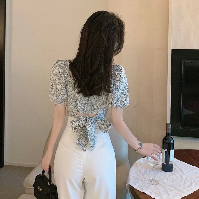 Áo sơ mi ren tay phồng hoa mùa hè khoét lưng thắt nơ cho nữ