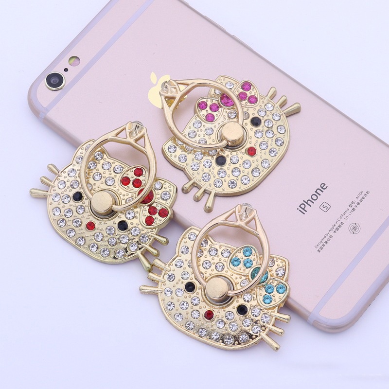 Nhẫn Đỡ Điện Thoại Bằng Kim Loại Đính Đá Kim Cương Nhân Tạo Hình Mèo Hello Kitty Chống Rơi Cho IPhone