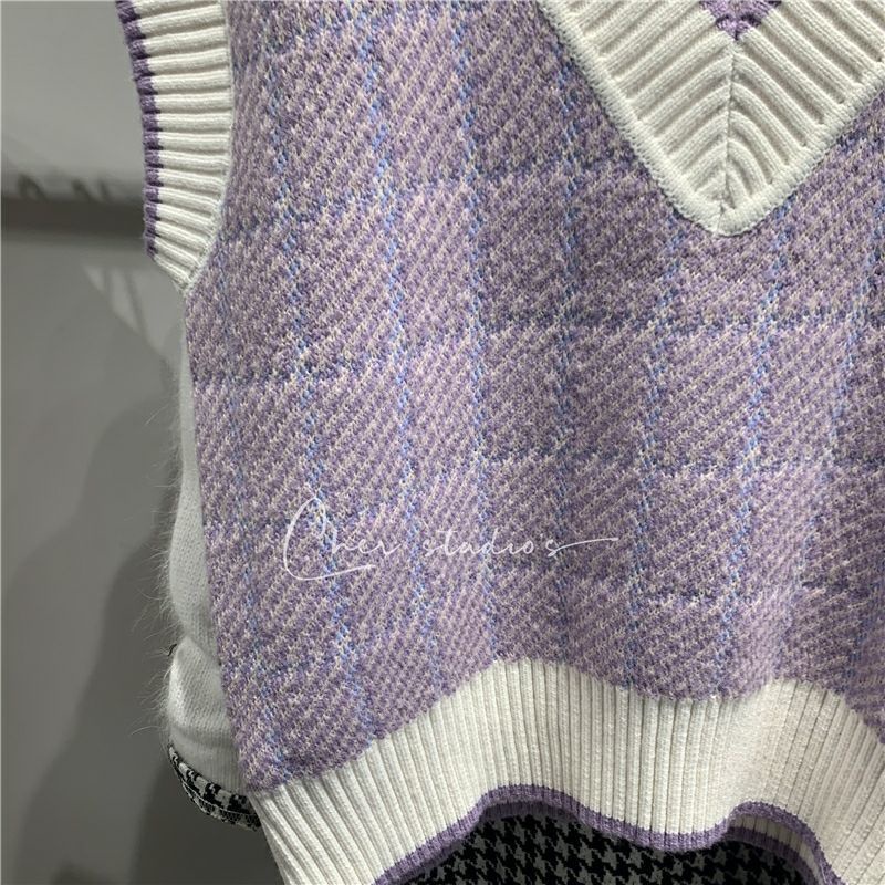 Áo dệt kim không tay cổ chữ V dáng ôm họa tiết sọc caro thời trang trẻ trung dành cho nữ