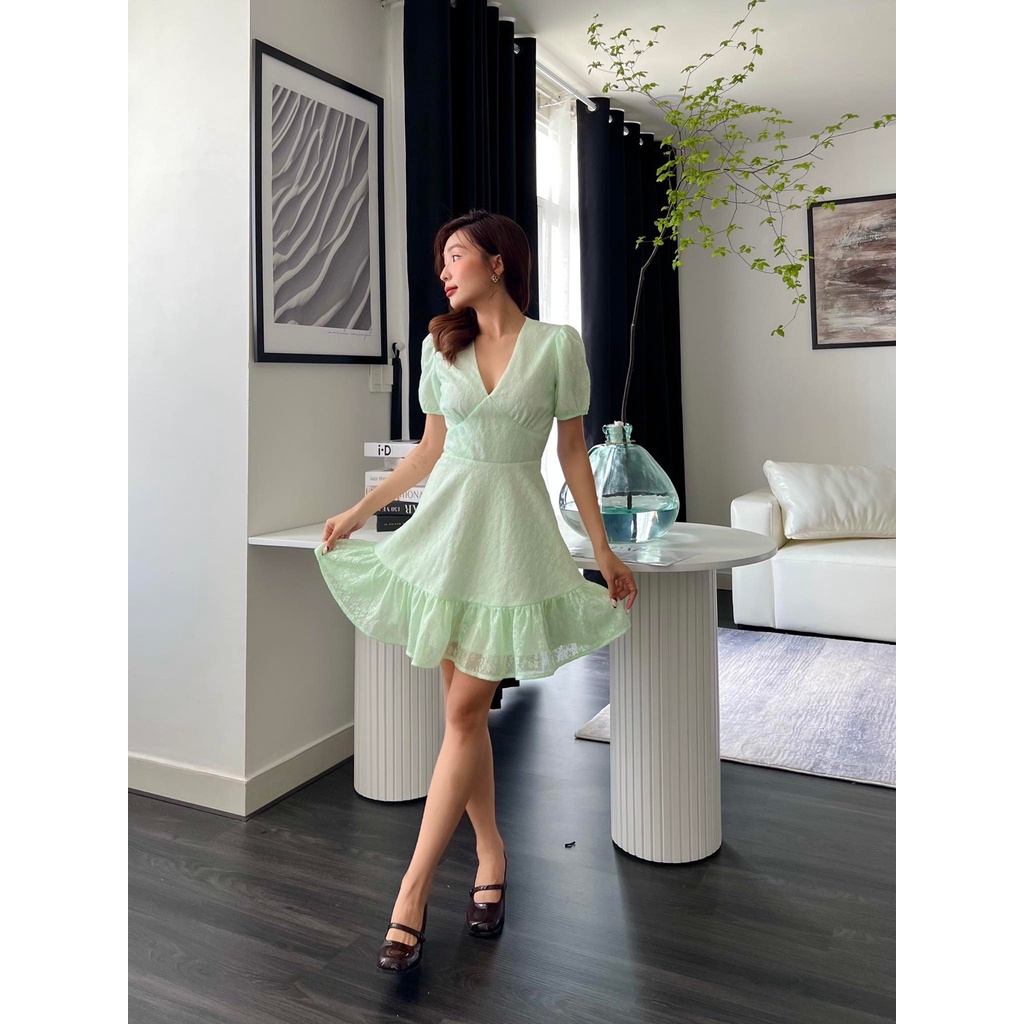 Đầm hoa mai xanh form ngắn dáng xòe tiểu thư xinh xắn - Byveestyle