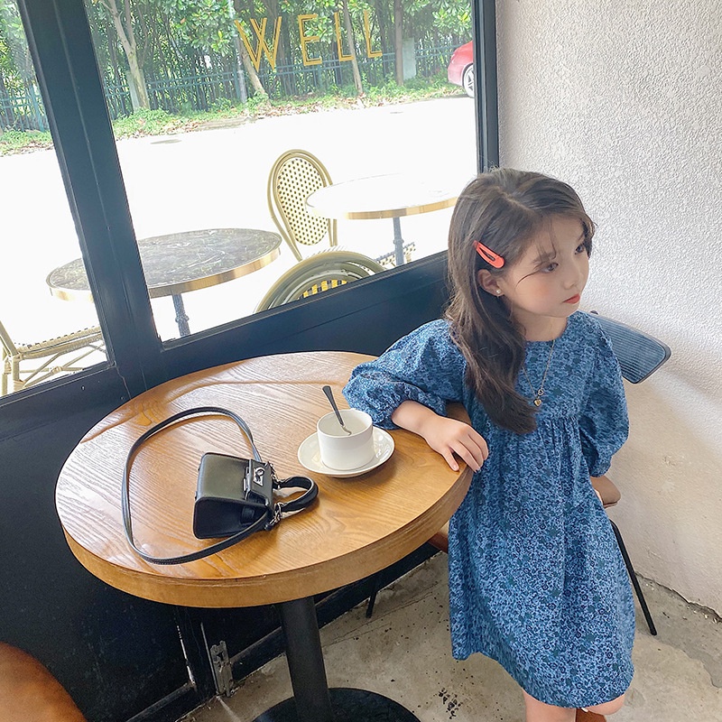 IQ Angel  Đầm Tay Dài Phồng Họa Tiết Hoa Xinh Xắn Phong Cách Hàn Quốc Cho Bé Gái