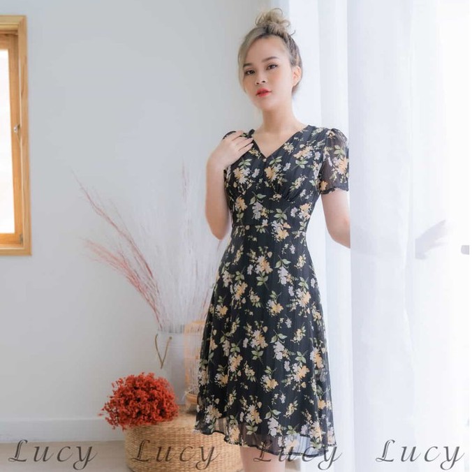 Đầm nữ thời trang voan hoa sọc ánh nhũ Váy Lucy Christina 1697