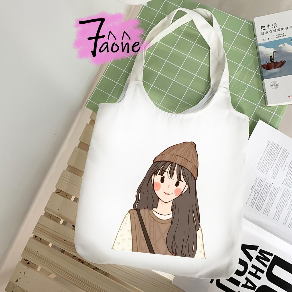 TÚI VẢI QUAI TRÒN CÔ GÁI BÉ NHỎ CÓ TÚI CON TOTE VẢI CANVAS