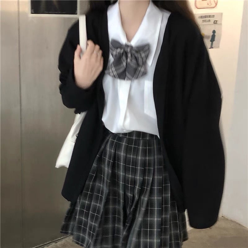 Bộ sưu tập mới của Đồng phục JK màu tro vest ngắn tay thắt nơ áo sơ mi + chân váy xếp ly lưới nữ