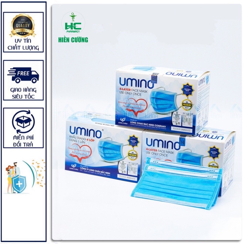 Khẩu trang y tế 4 lớp Umino màu xanh ,trắng, hàng kháng khuẩn , hộp 50 cái