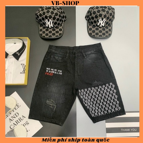 Quần short jean nam màu xám đậm co giãn vài dày dặn thêu lưới nổi độc lạ chuẩn VB-SHOP008