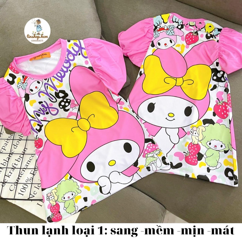 Đầm thun lạnh loại 1 in 3D size đại cho bé gái từ 23 đến 40kg - Váy đầm tay phồng nữ bé gái