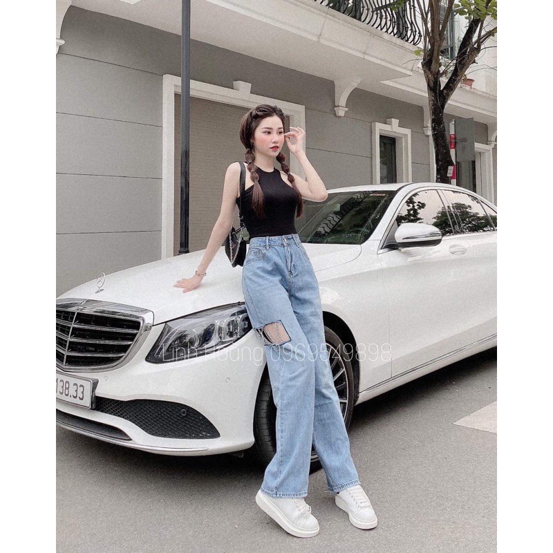 Quần bò xuông rách ô phối xích DH12