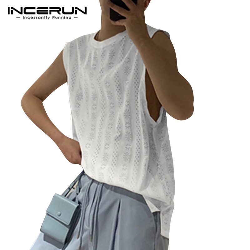 Áo tank top INCERUN sát nách dáng rộng phối ren xuyên thấu thời trang trẻ trung dành cho nam