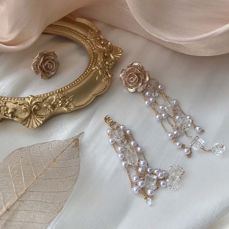 Bông Tai Mạ Bạc 925 Dáng Dài Phối Tua Rua Hình Hoa Đính Ngọc Trai Phong Cách Retro