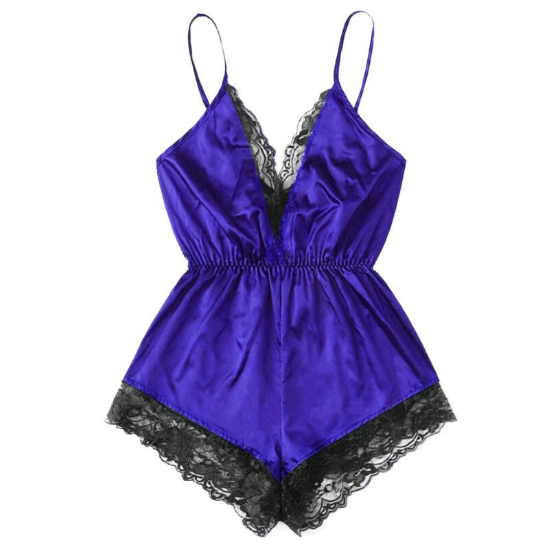 Đồ ngủ liền quần vải satin phối ren hoa thiết kế cổ V quyến rũ