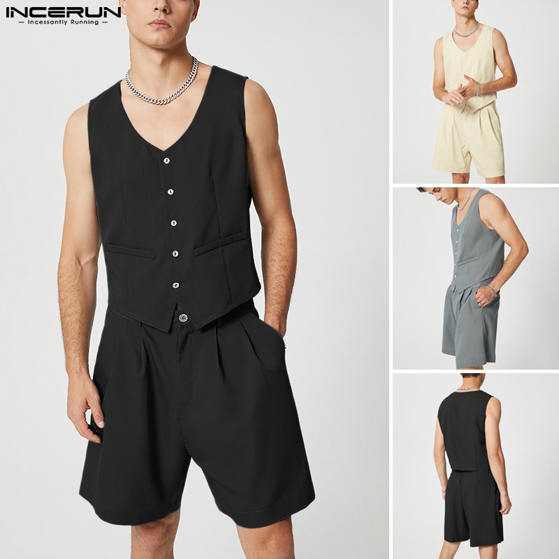 Set đồ INCERUN gồm áo sát nách và quần short đi biển màu trơn thời trang cho nam