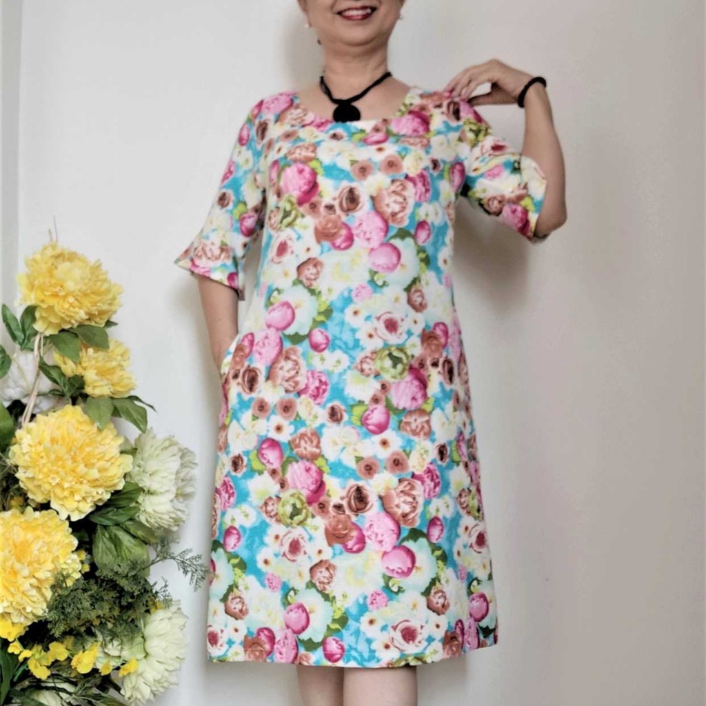 Size L, 2XL, 3XL, 4XL - Váy Đầm Trung Niên Vải Cotton Linen Gân Form Suông - Có Túi, Dây Kéo.