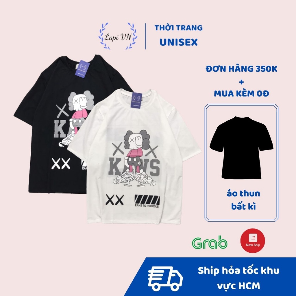 Áo Thun Nam Nữ Unisex Kaws 2 Màu Đen Trắng -Lapi VN, Chất Cotton Form Rộng Tay Lỡ Cổ Tròn Freesize, Big Size