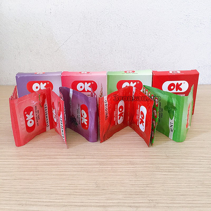 Bao cao su Ok, bao cao su siêu mỏng, size nhỏ mùi hương dâu, bạc hà, nho, socola, original, 1 bcs