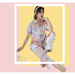 Đồ bộ Pyjama lụa, đồ bộ Pijama lụa nữ quần dài (Gấu hồng)
