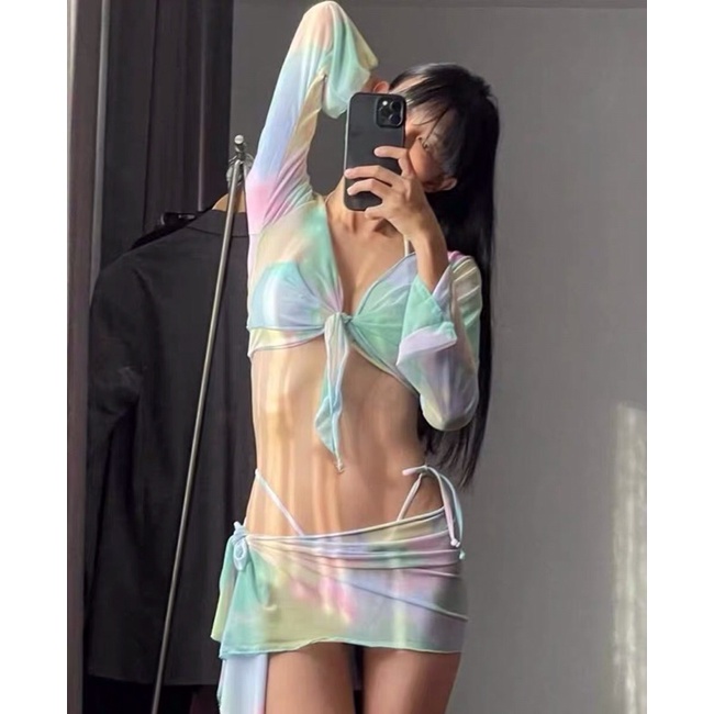 Bikini set 4 món tay dài hoạ tiết loang quyến rũ